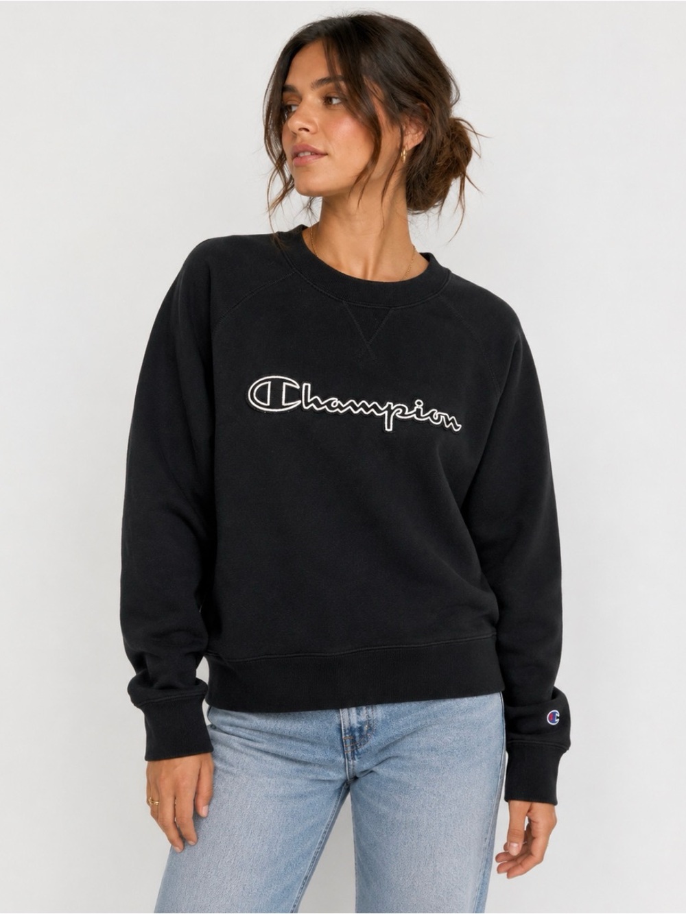 Champion Black Logo Crewneck Sweatshirt Fleece Pullover Medium